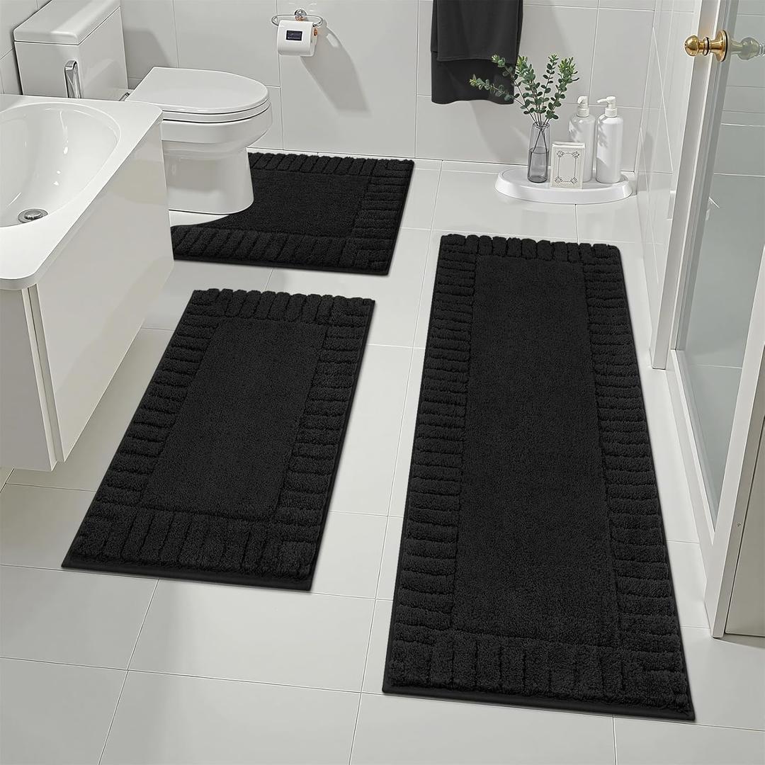 Pauwer Bathroom Rugs Sets 3 Piece Bathroom Shower Rugs with U-Shaped Contour Toilet Mat Absorbent Microfiber Plush Bath Mats Non Slip Bath Rugs Machine Washable Shaggy Bath Mat Set, Black (18"x26"+18"x48"+U Shape 20"x24")