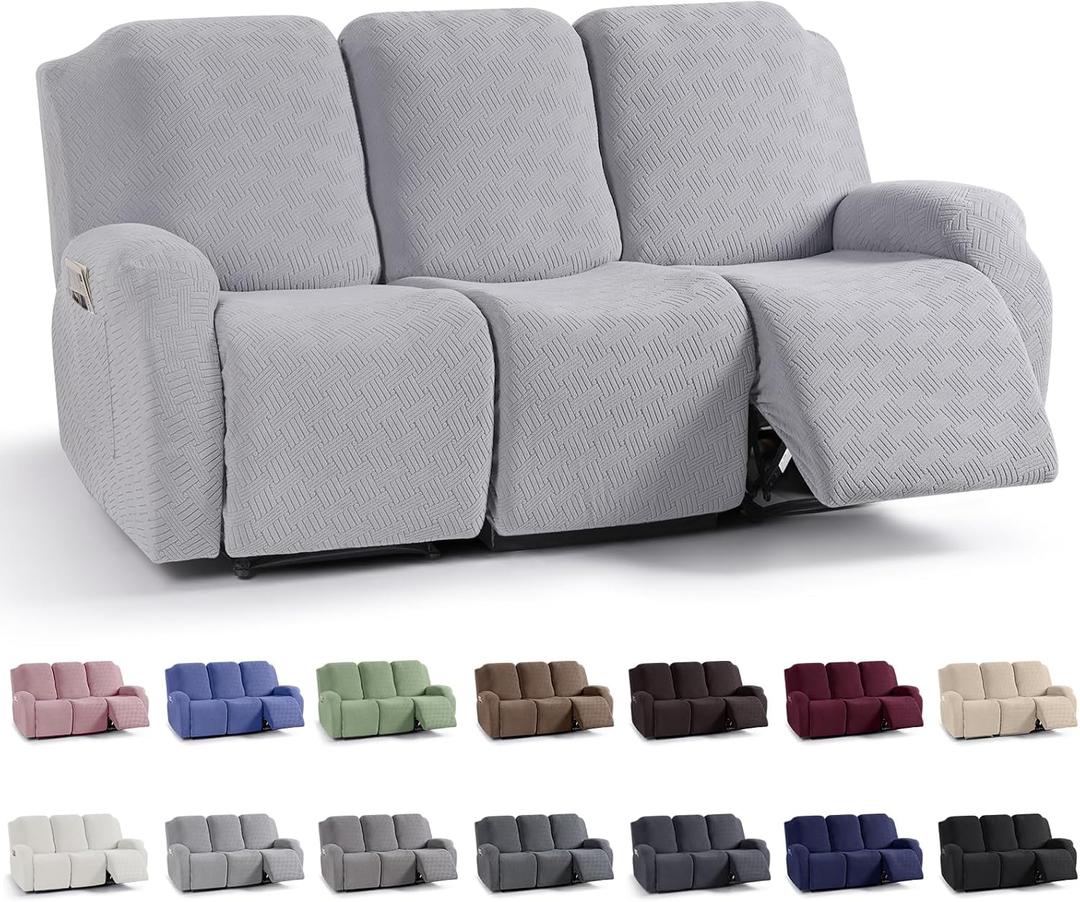 KinCam Recliner Covers, Stretch Reclining Chair Covers, Recliner Sofa Slipcovers Stripe Jacquard Recliner Couch Covers Furniture Protector Covers for Pet Kid (3 Seater, Silver Gray)
