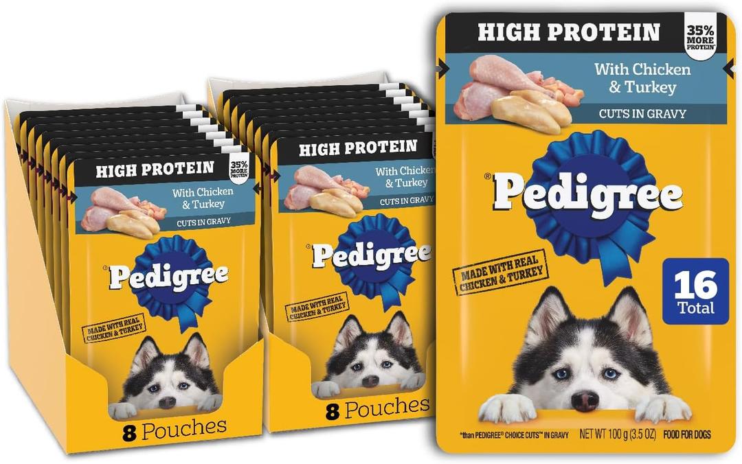 Pedigree High Protein Dog Food, Adult Wet Dog Food Pouches, Chicken & Turkey, 3.5 oz. Pouches, 16 Count