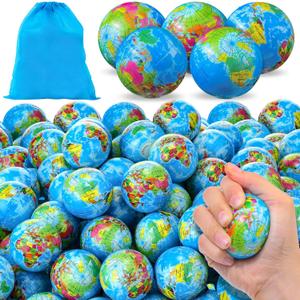 Poen 300 Pcs Globe Squeeze Balls, 2 Inch Mini World Earth Stress Balls Bulk Educational Relief Foam Squeeze Ball with Blue Drawstring Bag for Finger Exercise School Reward Party Gift