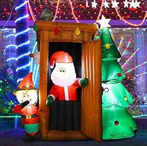 6FT Christmas Inflatables Yard Decorations, Blow Up Santa's Outhouse with Elf Christmas Tree, Lighted Holiday Decorations for Xmas Party, Lawn, New Year
