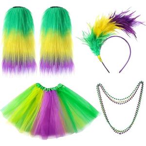 Lasnten Mardi Gras Costume Accessory Set Women Outfit Tutu Skirt Mardi Gras Leg Warmers Faux Feather Headband for Carnival Masquerade Party Supplies