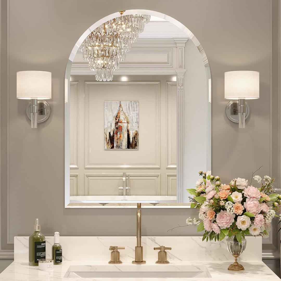 Frameless Bathroom Mirror, 22" x 30" Arched Vanity Mirror for Wall Beveled, Arch Wall Mounted Mirror for Hallway, Entryways, Over Sink