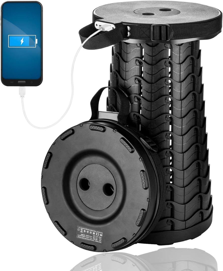 Portable Telescopic Stool with Mobile Charger 4400mAh, Collapsible Stool Built-in Phone Charger for iPhone Android, Foldable Seat for Camping Hiking Fishing Picnic Max Load 400lbs (Black)