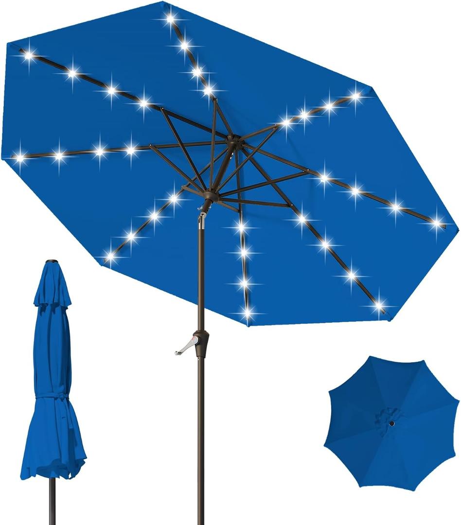 9FT Patio Umbrella with Solar Lights,Outdoor Market Umbrella with Tilt and Crank, LED Lighted Table Umbrella for Garden,Deck,Backyard,Pool,Beach (Royal blue)