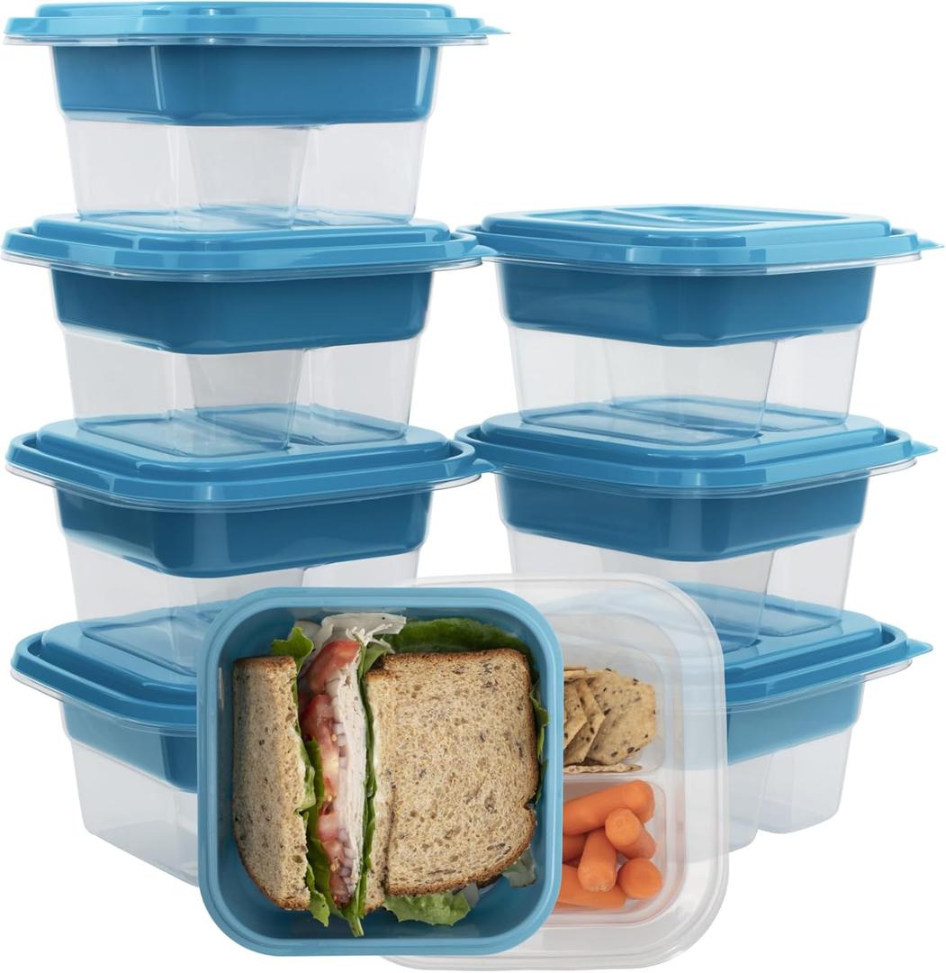 GoodCook EveryWare Food Storage Containers with Lids BPA-Free Plastic Lunch Cube Set Perfect for Food Prep & Meal Packing 2-Compartment Leak-Resistant Design Keeps Foods Fresh, 7-Pack, Blue
