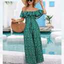 BeryLove Women Floral Casual Jumpsuit Summer Off The Shoulder Wide Leg Vacation Beach Jumpsuits with Pockets (Green, XL)