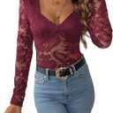 SweatyRocks Women's Sheer Floral Lace V Neck Bodysuit Long Sleeve Slim Fit Jumpsuits (Medium, Burgundy)