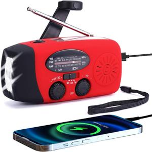 FM/AM/NOAA Weather Radio Hand Crank Self Powered Solar Portable Mini Emergency Survival Radios with 3 LED Super Bright Flashlight 2000mah Battery Operated Power Smart Phone Charger,SOS