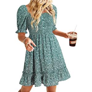 Dokotoo Womens Casual Summer Dresses Short Sleeve Square Neck Smocked Boho Floral Sundress Flowy A-Line Mini Dress, Small