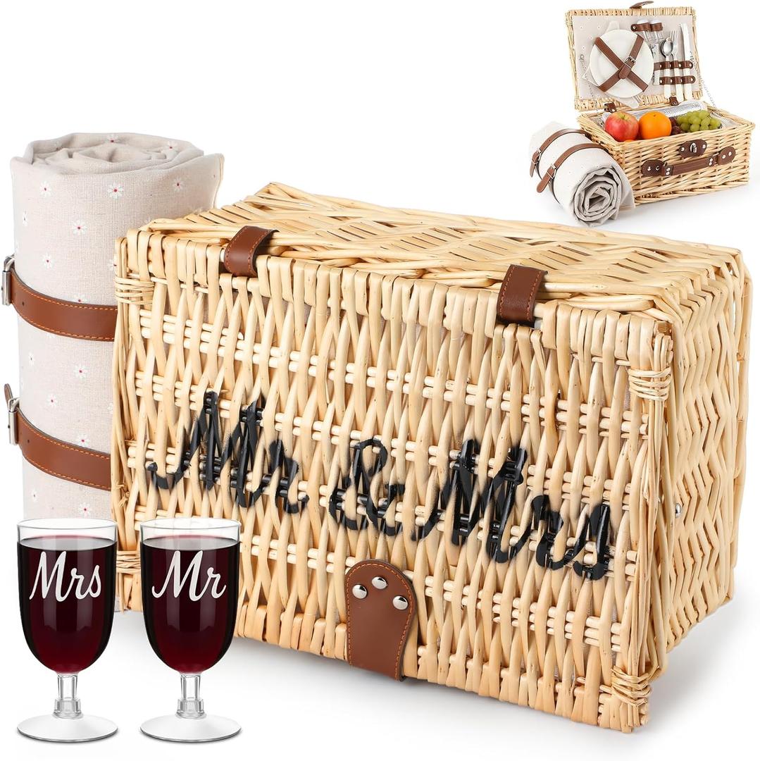 Picnic Basket for 2, Engagement Wedding Bridal Shower Gifts for Couples Bride, Wicker Picnic Basket with Waterproof Blanket & Insulated Liner Willow Hamper Set for Mr and Mrs Outdoor Camping