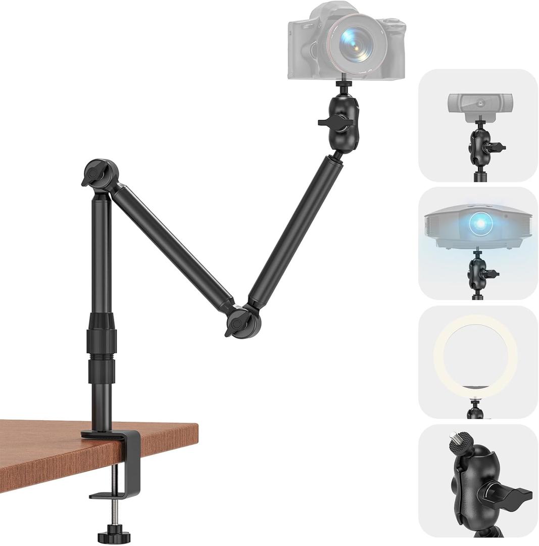 Overhead Camera Mount for Desk, 30.9" Foldable Camera Desk Mount Stand with 1/4" Screws, 360 Rotation 3-Sections Tabletop Holder with C-Clamp for DSLR, Digicam, Webcam, Mini Projector, Microphone