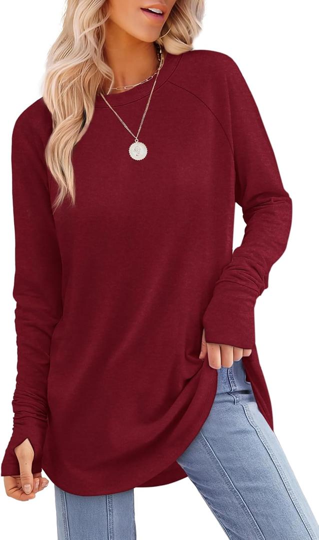XIEERDUO Womens Tunic Tops to Wear with Leggings Long Sleeve Thumb Hole Shirts Crew Neck Curved Hem (3X-Large, H-burgundy)