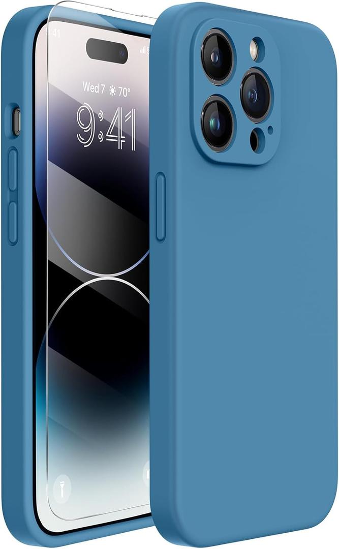 Miracase Designed for iPhone 14 Pro Case with Screen Protector, [Upgraded Camera Protection], Shockproof Liquid Silicone Rubber Phone Case Cover for 14 Pro 6.1 inch, Capri Blue