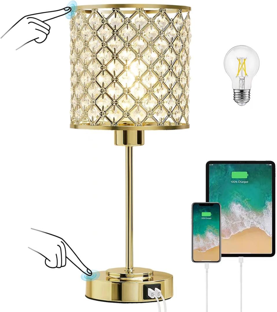 GyroVu Crystal Table Lamp, Crystal Touch Control with USB-C+A Ports, 3 Way Dimmable Gold Bedside Lamp with Bulb (17")