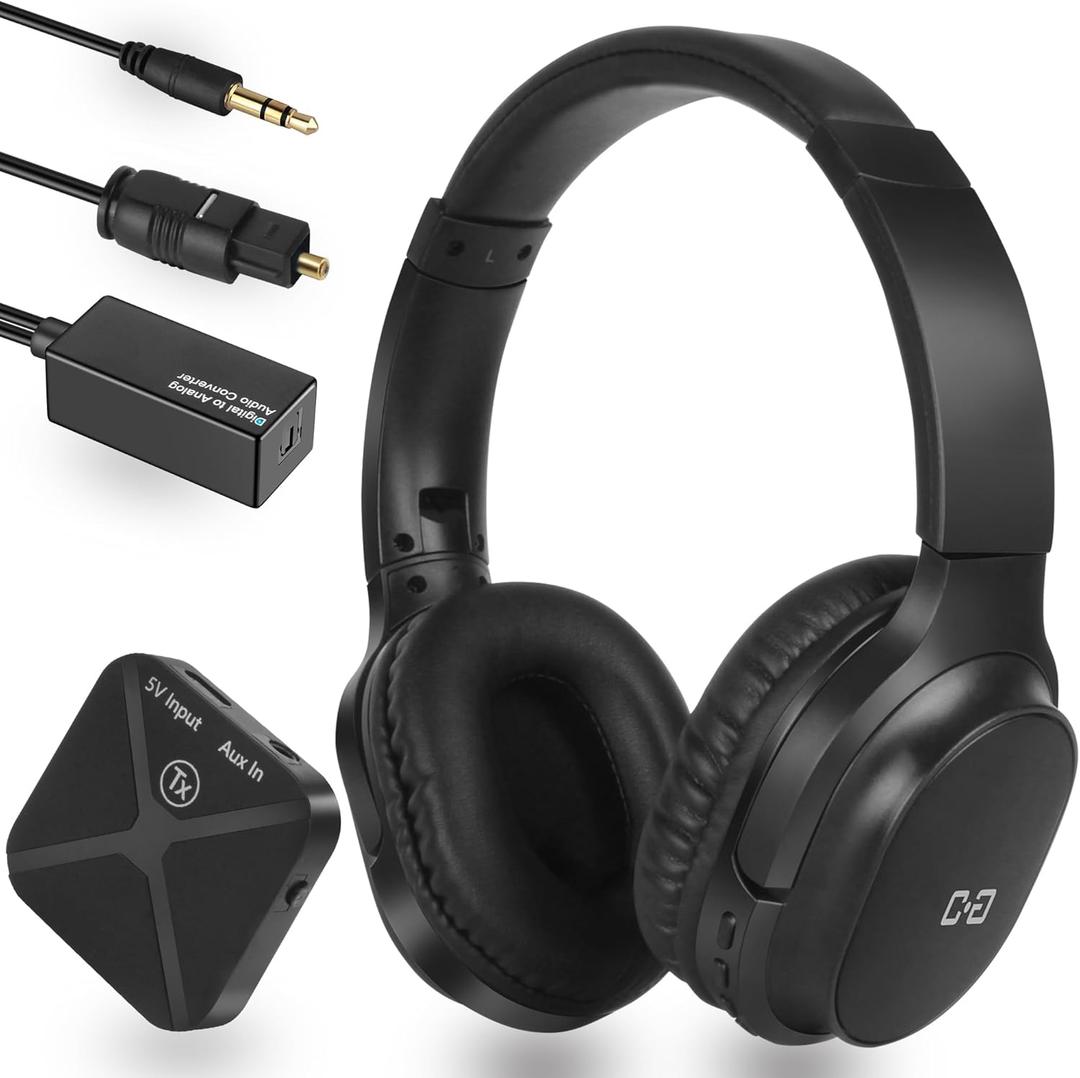 Wireless Headphones for TV Watching, 2.4G RF Headset for Seniors, Optical & 3.5mm Connection Transmitter, Plug-n-Play 100ft Range 48H Playtime, No Delay, Easy Setup, Gift for Parents and Elderly