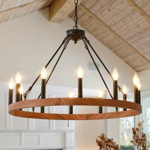 Wagon Wheel Chandelier 32" with Wood Grain Finish, 12-Light Farmhouse Dining Room Light Fixture, Modern Round Iron High Ceiling Chandeliers for Living Room, Foyer, Entryway, E12