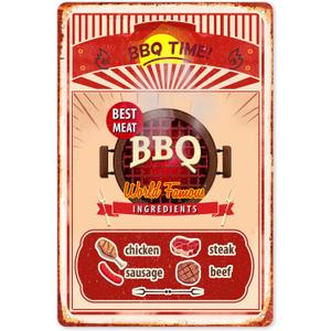 BBQ TIME Best Meat BBQ Ingredients Chicken Steak Sausage Beef, Vintage Tin Metal Sign Outdoor Retro - Funny Distressed Grilling Sign for Home Decorating, Great Gift Idea, 8 x 12 Inch