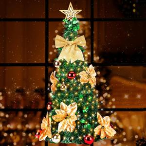 Hanging Artificial Christmas Tree 40 Inch, Wall Hanging Decoration Chrismas Tree with 50 LED 8 Lighting Modes String Lights, Xmas Decor Door Hainging Christmas Tree, Hook and Batteries Included Green