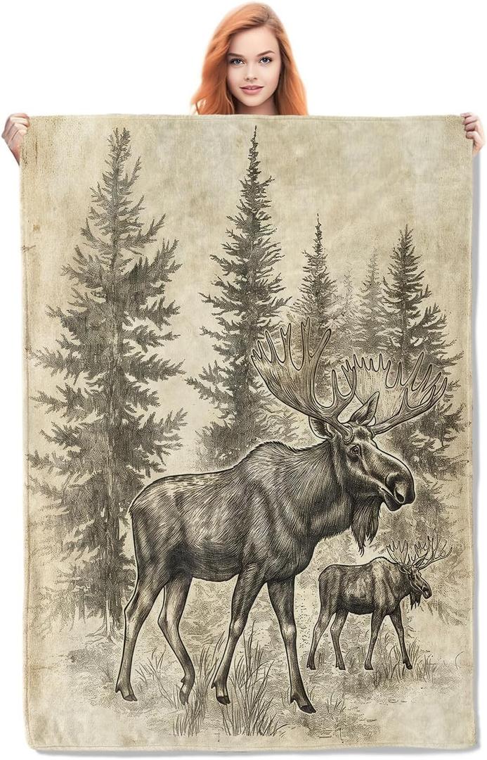 Vintage Moose Blanket Gifts for Adults Kids Soft Warm Lightweight Cozy Flannel Animal Rustic Pine Forest Throw Blankets for Bed Sofa Couch Living Room Decor 50x60in (Color12)