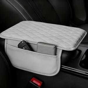 Upgraded Car Center Console Cover, Leather Armrest Cushion Pad with 2 Storage Bags, Microfiber Soft Waterproof Seat Box Cover Protector, Car Interior Decor Accessories Fit for Most Cars, Vehicles (Grey-1)