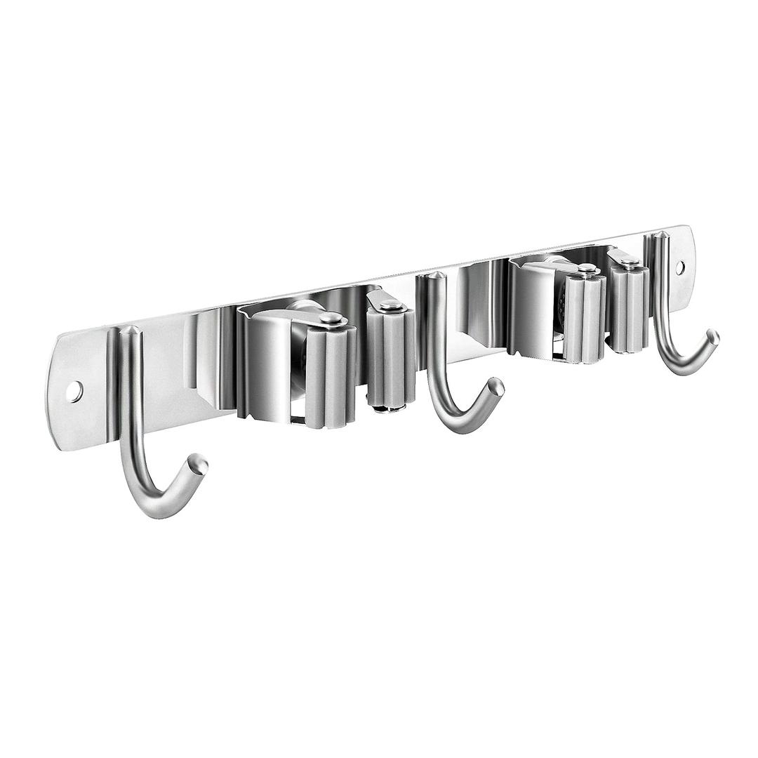 Broom and Mop Holder Wall Mounted, Broom Hanger Storage Rack, Stainless Steel Mop Hanger, Dustpan Holders with 2 Racks and 3 Hooks, Heavy Duty utility hooks for hanging brooms and mops