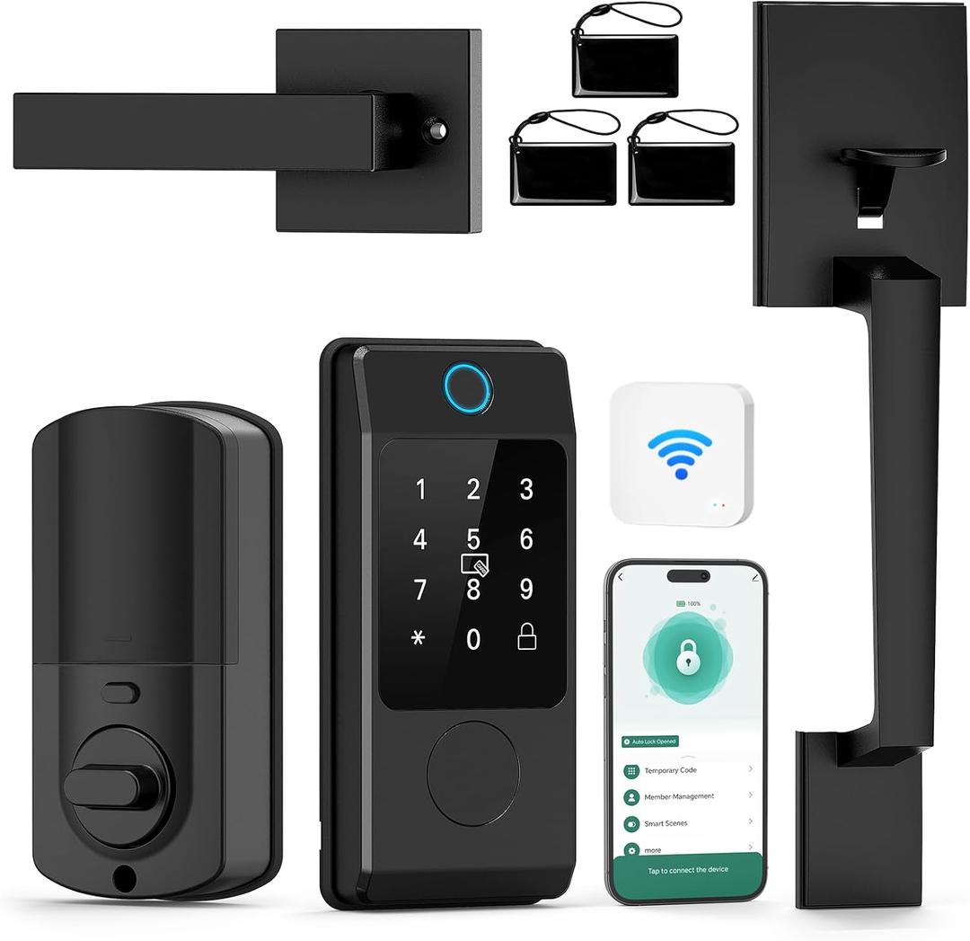 Wi-Fi Smart Deadbolt Lock with Handle Sets, Miuedo Keyless Entry Door Lock for Front Door, Compatible with Alexa & Google Assistant, Auto Locking-Black