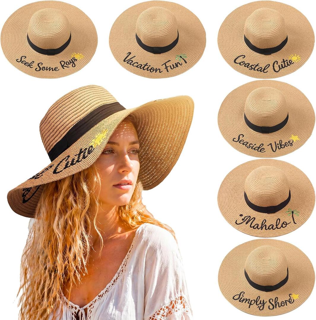 Berlune 6 Pcs Embroidered Straw Hats Wide Brim Summer UPF 50+