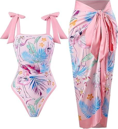 Cerdexon One Piece Bathing Suit for Women with Beach Cover up Wrap Skirt Swimsuit Sarong Retro Floral Print Bikini Set (US, Alpha, 3X-Large, Regular, Regular, Flamingo Pattern)