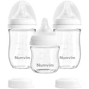 Numvim Natural Glass Baby Bottles with Gentle & Extra Slow Flow Nipples, Newborn Breastfeeding Bottle, Anti-Colic, Includes 1pcs SS Nipples(0 Month+) 2pcs S Nipples(1m+),3 Packs (White 3 Oz + 5 Ounce)