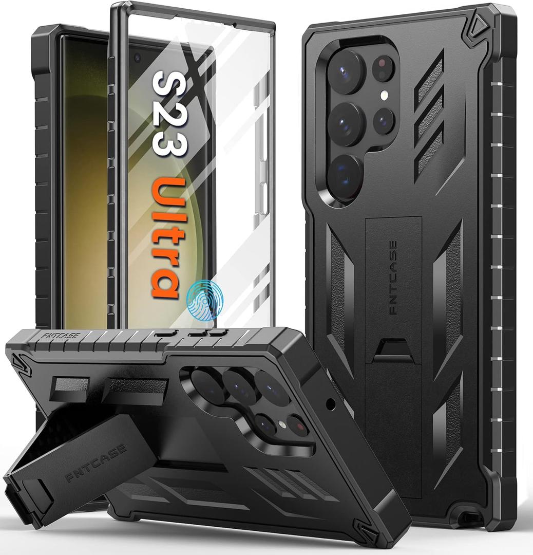 FNTCASE for Samsung Galaxy S23-Ultra Case: Military Grade Drop Proof Protection Mobile Cover with Kickstand | Matte Textured Rugged Shockproof TPU | Protective Sturdy Phone Case - Black 6.8 inch