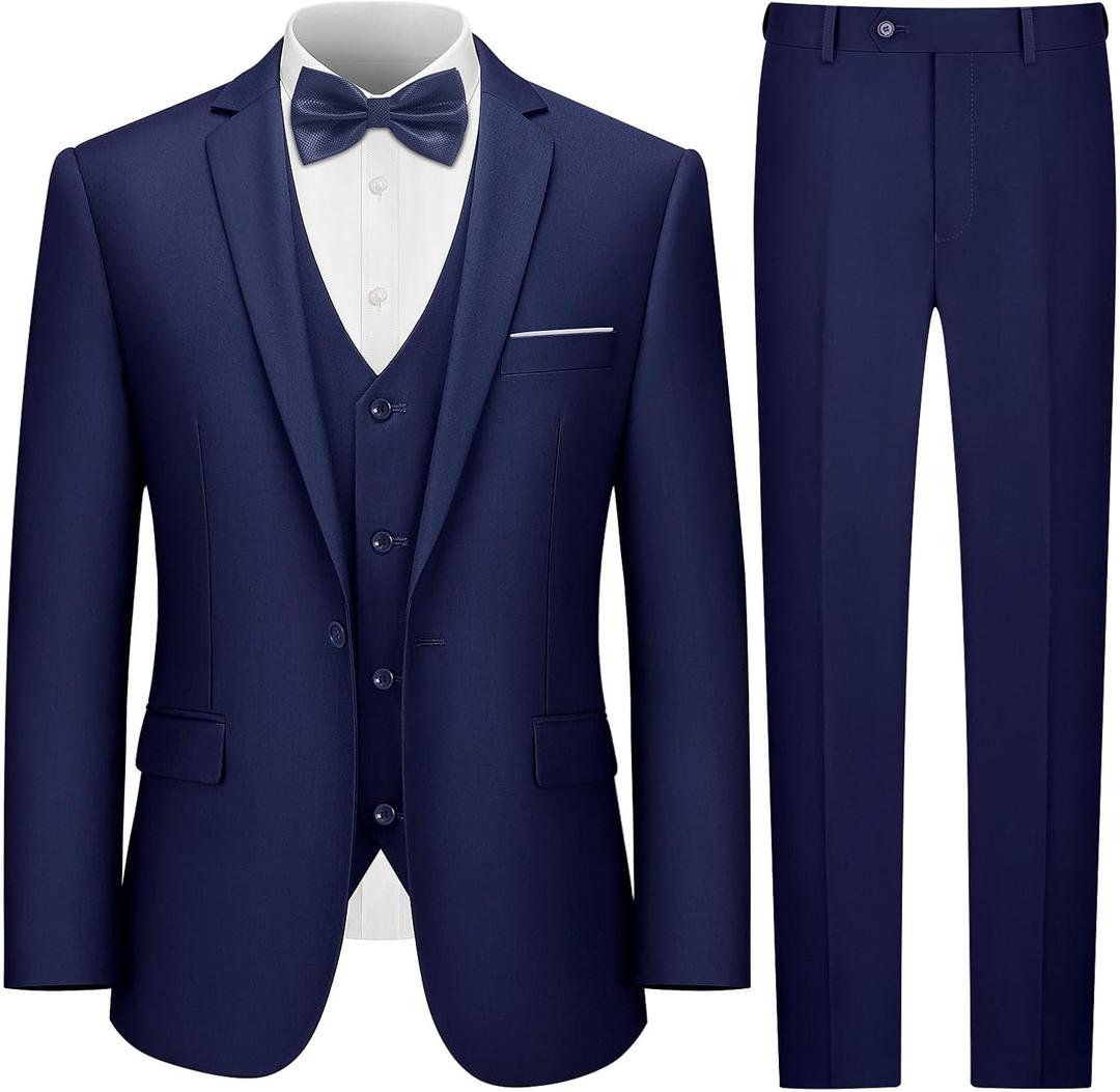 LUPURTY 3 Piece Suits for Men, Men's Suit Slim Fit, Business Solid One Button Wedding Tuxedo Blazer Vest Pants Set (Navy) 38R/S