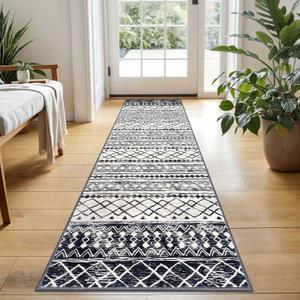 KUTA Moroccan Washable Runner Rugs 2x5, Non-Slip Vintage Black Navy Blue Boho Hallway Kitchen Rugs Ultra Soft Geometric Floor Carpet Runners for Bedroom Laundry Living Room