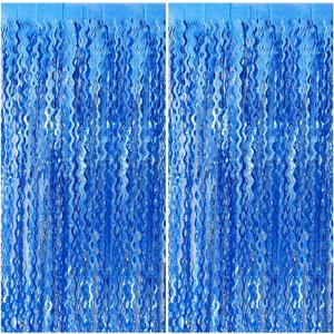 Blue Backdrop Wavy Tinsel Foil Fringe Curtains for Parties Sparkle Metallic Wavy Blue Birthday Decorations for Streamers Party Decorations Photo Booth Props Birthday Ocean Party Decor Supplies (2 Pack)