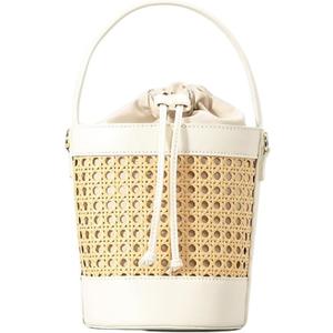 Rattan Bucket Bag for Women Straw Beach Bag Drawstring Crossbody Purse PU Leather Summer Shoulder Tote Bag Cute Hobo Bags (White)