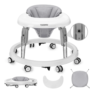 Uuoeebb Baby Walker with Wheels, One-Touch Folding Anti-Roll 8-Wheel Baby Walkers, 7-Speed Height Adjustment with Large Dinner Plate and Brake 6-18 Months Baby Walker, White