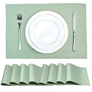 Homejoy Place Mats Set of 8 – Rectangle Rectangular Waterproof Fabric Polyester Cloth Washable Wipeable Heat Resistant Placemats for Kitchen Dining Dinner Table Indoor 13 x 19 Inch Sage Green