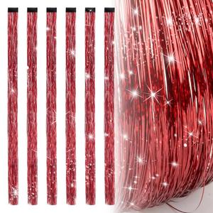 19.7 Inch Clip In Hair Tinsel Fairy Hair Tinsel Kit Clips Clip On Glitter Hair Tinsel Extensions Red