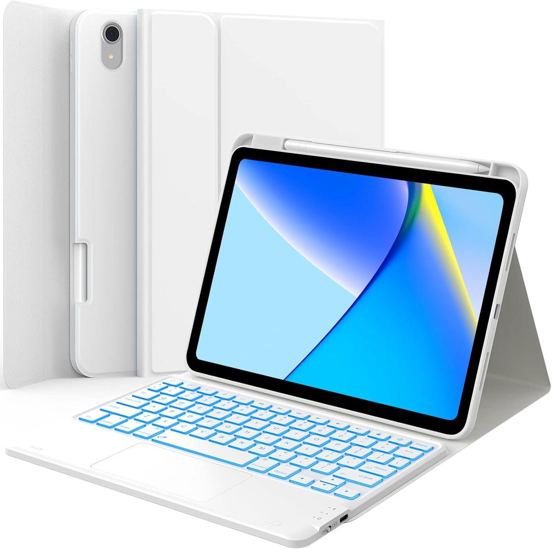 GreenLaw Keyboard Case for iPad 11th Generation(A16,2025) / 10th Generation(2022), Stain-Resistant Cover, 7 Color Backlit, Detachable Keyboard Case with Touchpad and Pencil Holder, White Smoke