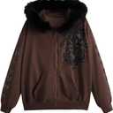 SOLY HUX Women's Zip Up Hoodie Streetwear Graphic Hoodies Y2K Jacket with Fur Collar 90s Outfits Gothic Scene Clothes, Small