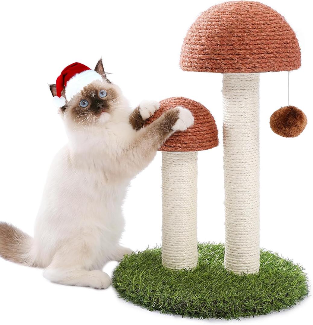 PETEPELA Cat Scratching Post, Mushroom Tall Cat Scratcher Featuring with Natural Sisal Scratching Poles and Interactive Toy Ball for Kittens and Small Cats (Brown) (18.9")