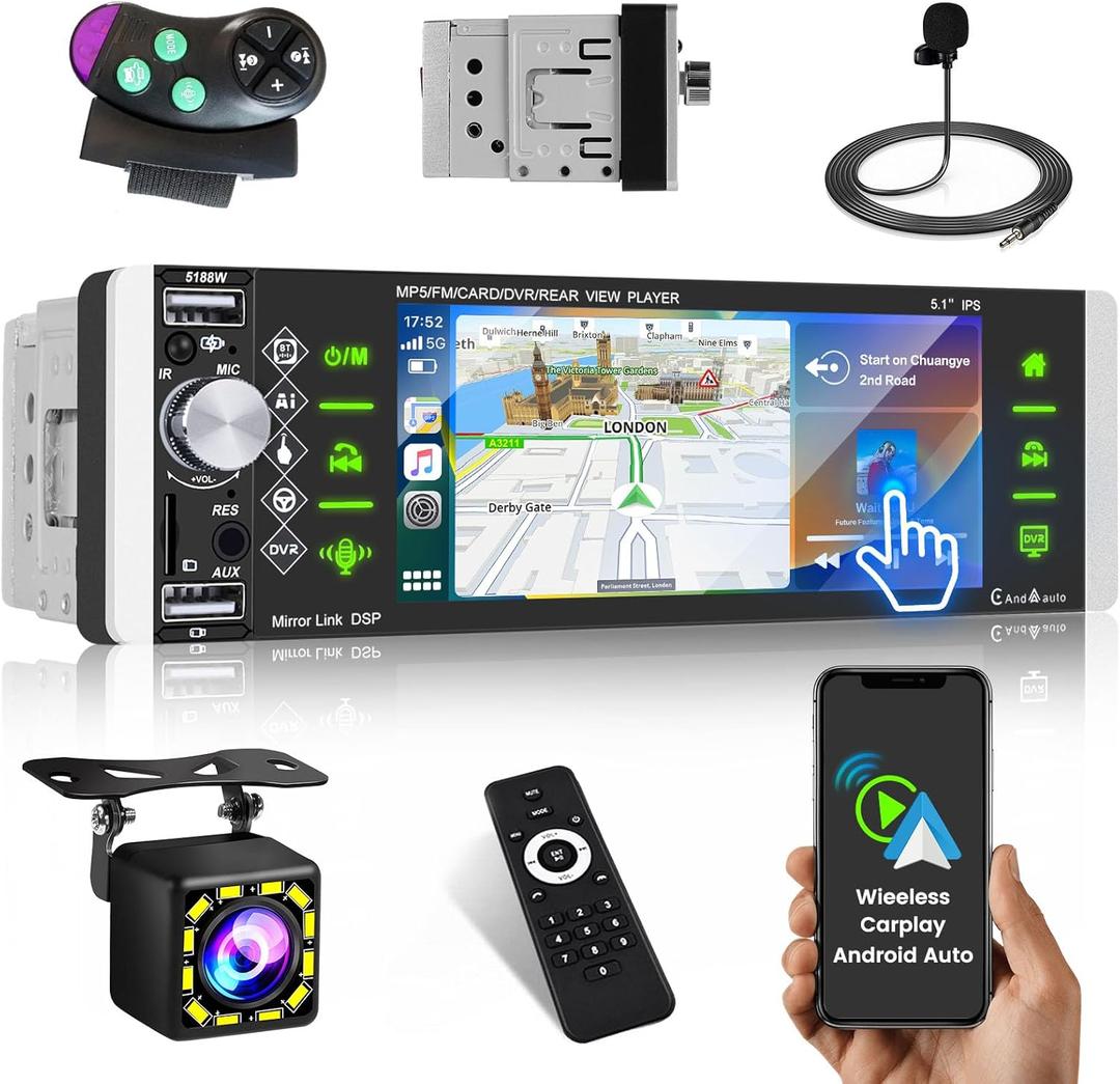 Single Din Touchscreen Car Stereo with Carplay & Android Auto, 5.1 Inch 1 Din Touchscreen Car Stereo with Bluetooth, HD Backup Camera, Phone Mirror Link, AM/FM/RDS, Fast Charging, TF/AUX/USB Input