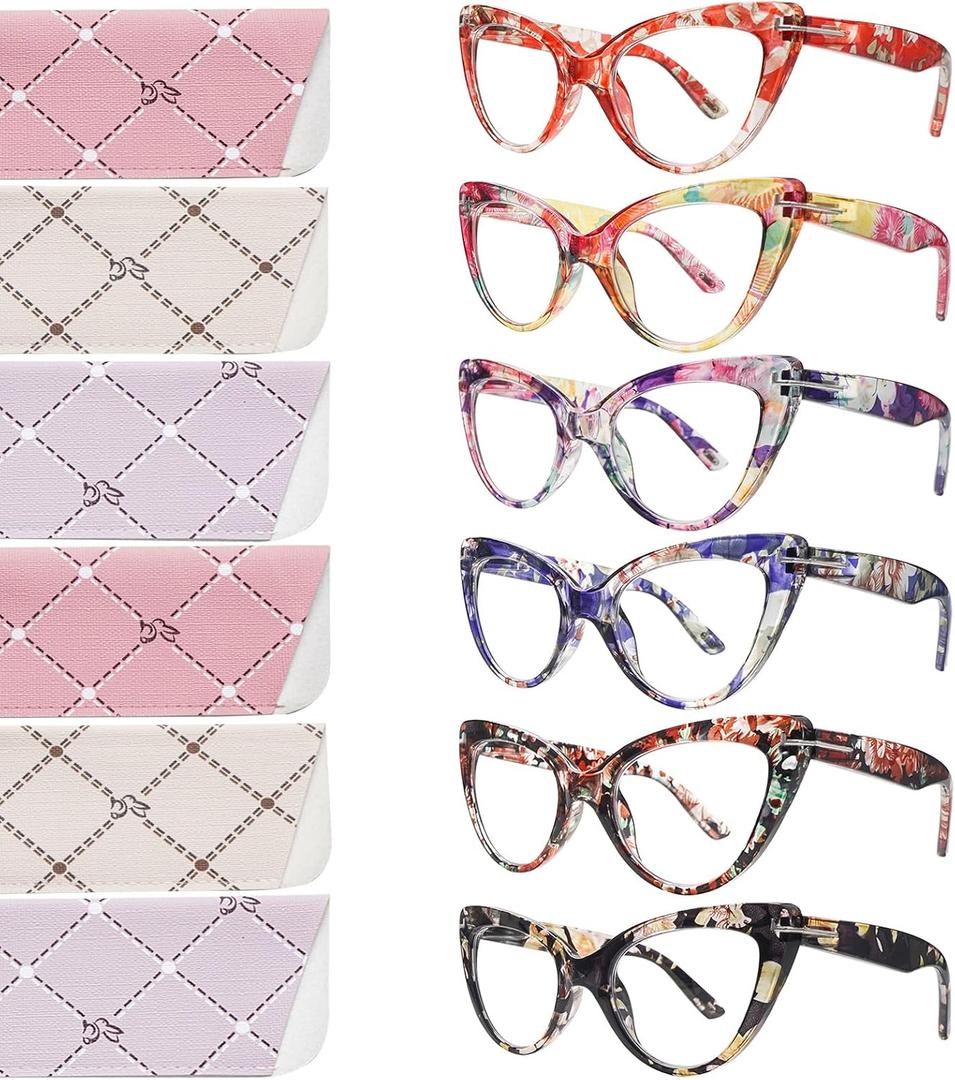 6 Pack Fashion Cat Eye Reading Glasses for Women Blue Light Blocking Oversized Spring Hinges Computer Readers, 2.25, Diopters