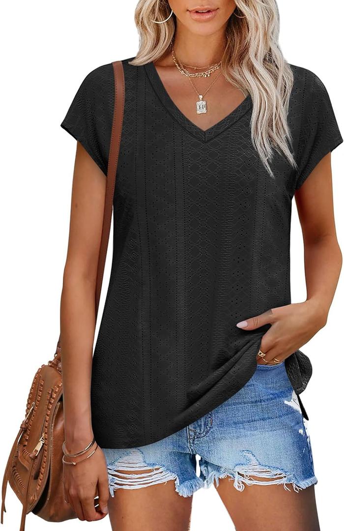 XIEERDUO Womens Tops V Neck Cap Sleeve Loose Fit Tee Shirts Summer Spring 2025 Eyelet/Printed XIEERDUO Womens Tops V Neck Cap Sleeve Loose Fit Tee Shirts Summer Spring 2025 Eyelet/Printed