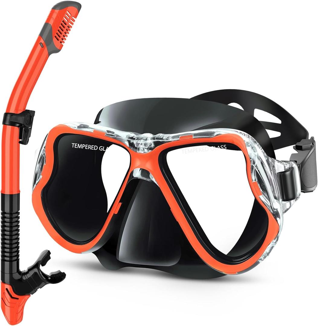 Greatever Dry Snorkel Set,Panoramic Wide View,Anti-Fog Scuba Diving Mask,Professional Snorkeling Gear (Adults, Black Tomato Red)