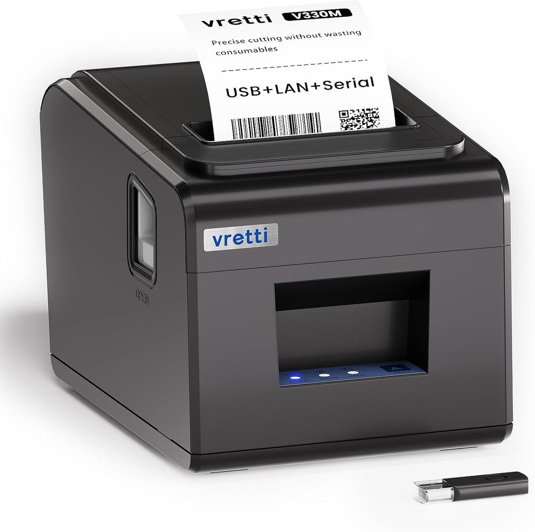 vretti Thermal Receipt Printer, 3'1/8 80mm Direct Thermal Printer with USB Serial LAN Port - Kitchen POS Printer ESC/POS Command Support Cash Drawer (Black)