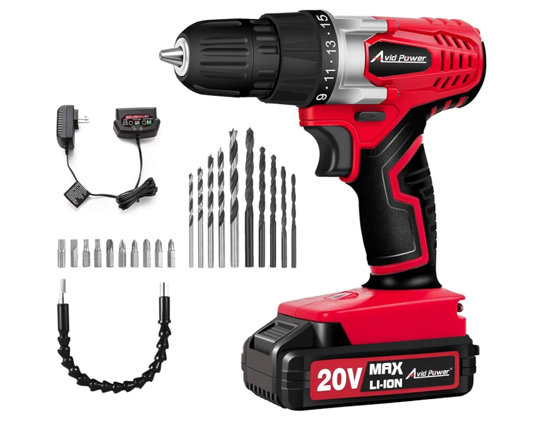 AVID POWER 20V MAX Lithium lon Cordless Drill Set, Power Drill Kit with Battery and Charger, 3/8-Inch Keyless Chuck, Variable Speed, 16 Position and 22pcs Drill Bits (Red)