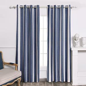 DriftAway Chris Linen Blackout Curtains with Thermal and Sound Reducing Layer 84 Inches Long for Bedroom Striped Printed Drapes Thermal Insulated Lined Window Treatments for Living Room Dark Blue