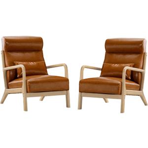 Phoenix Home Mid Century Modern Accent Chair Set of 2, PU Leather Upholstered Lounge Arm Chair with Solid Wood Frame & Lumbar Pillow for Living Room Balcony, Bedroom, Brown