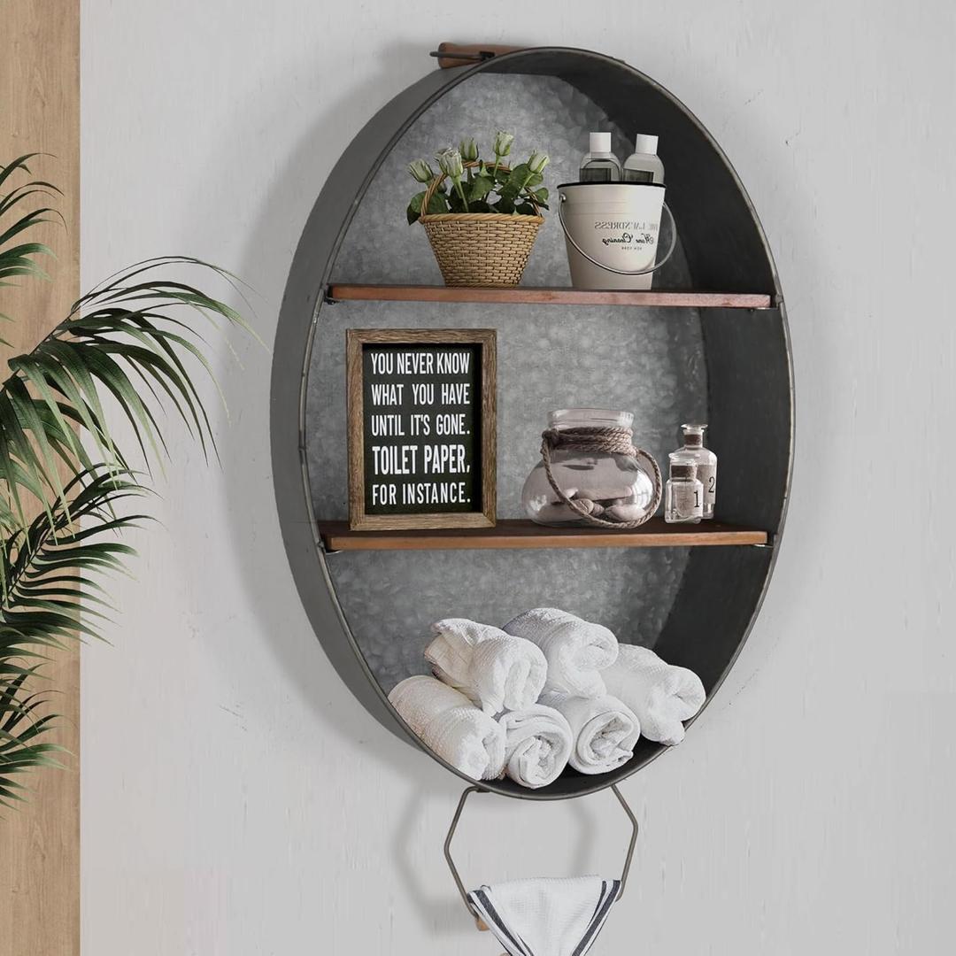 Oakrain Towel Rack with Wood Shelves, Galvanized Wash Tub Rustic Towel Holder, Decorative Wall Shelf for Bathroom, Lavatory, Entryway (14L)